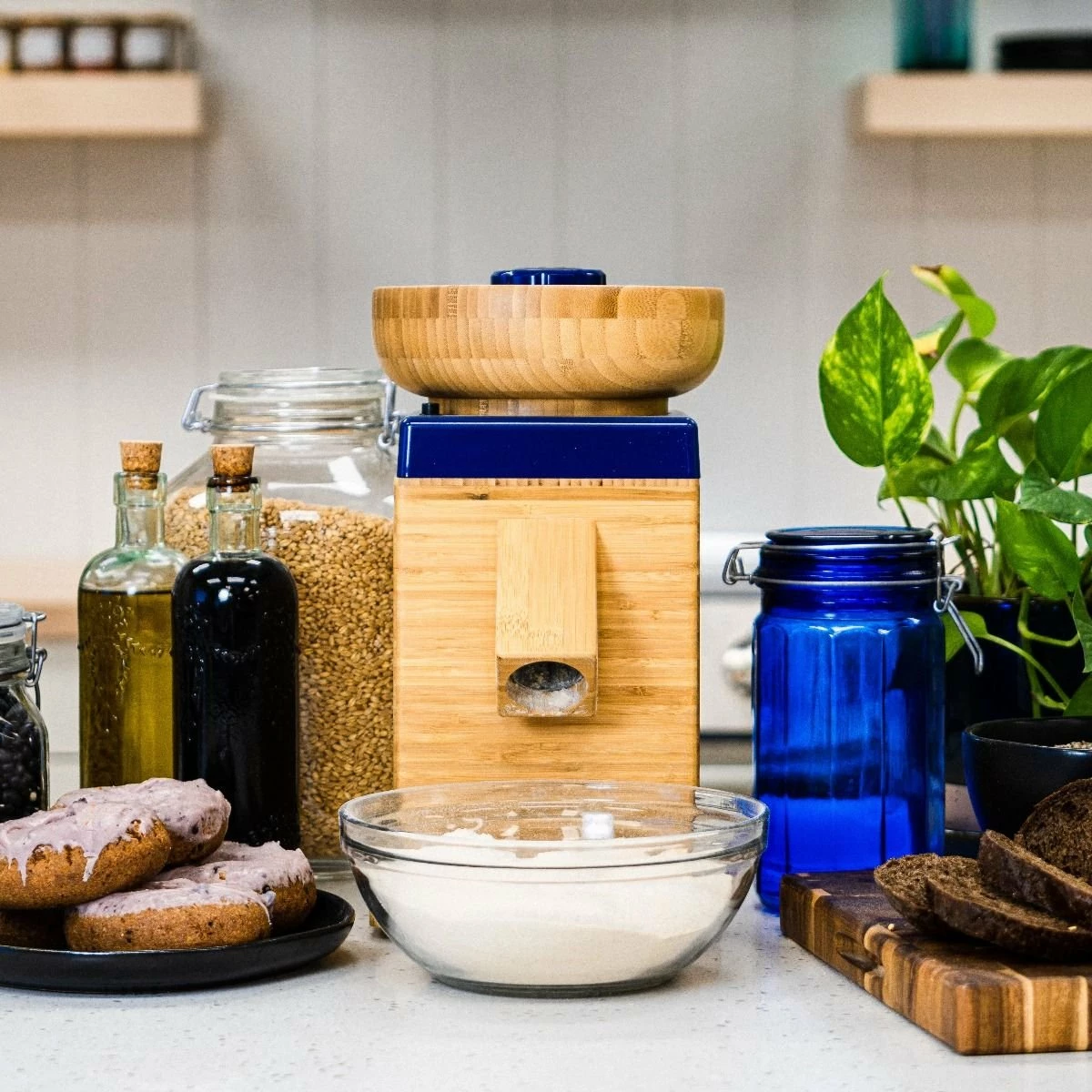 NutriMill Harvest Grain Mill | Blue + Cutting Board & Canister Bundle 7 NutriMill Harvest Grain Mill | Blue + Cutting Board & Canister Bundle - Image 5