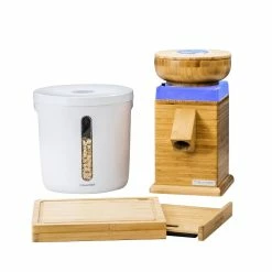 NutriMill Harvest Grain Mill | Periwinkle + Cutting Board & Canister Bundle