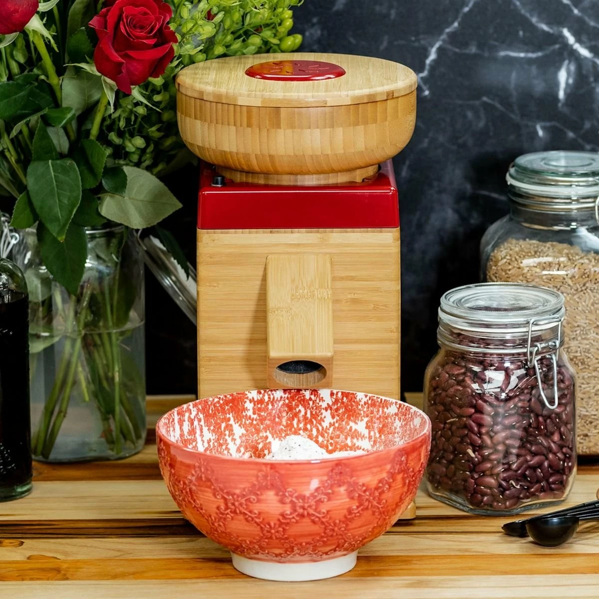 NutriMill Harvest Grain Mill | Cayenne Red Trim 4 NutriMill Harvest Grain Mill | Cayenne Red Trim - Image 2